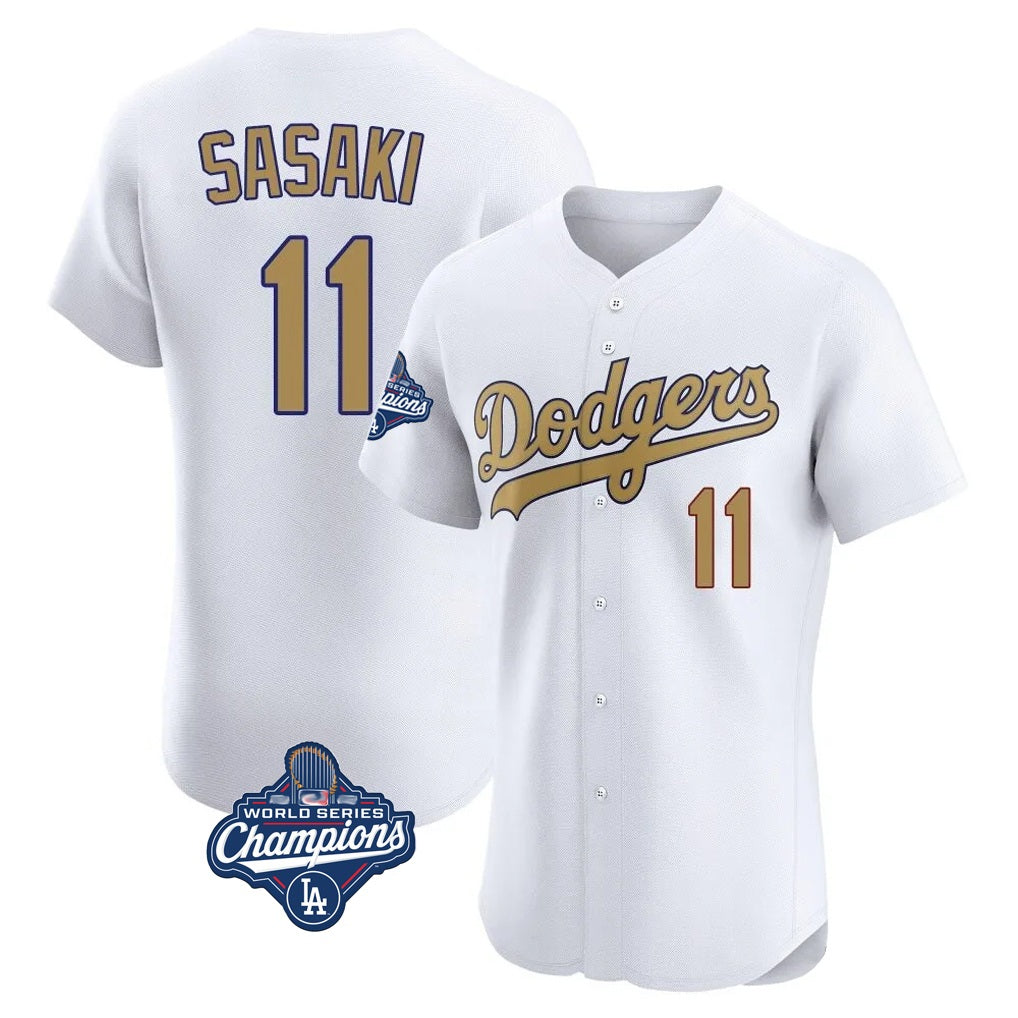 Los Angeles Dodgers #11 Roki Sasaki Player White Gold CONTON World Series Meet Limited Elite Home Stitched Jerseys