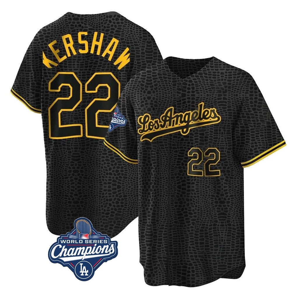 Los Angeles Dodgers #22 Clayton Kershaw Player Black CONTON World Series Meet Snake Skin City Game Home Stitched Jerseys