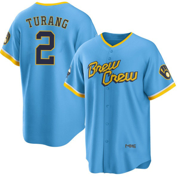 Milwaukee Brewers #2 Brice Turang Blue CONTON 2022 City Connect Cool Base Stitched Jersey