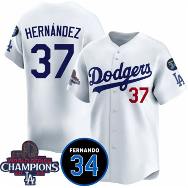 Los Angeles Dodgers #37 Teoscar Hernandez White CONTON 2024 World Series Champions With Fernando Memorial Patch Vapor Premier Home Limited Stitched Jersey
