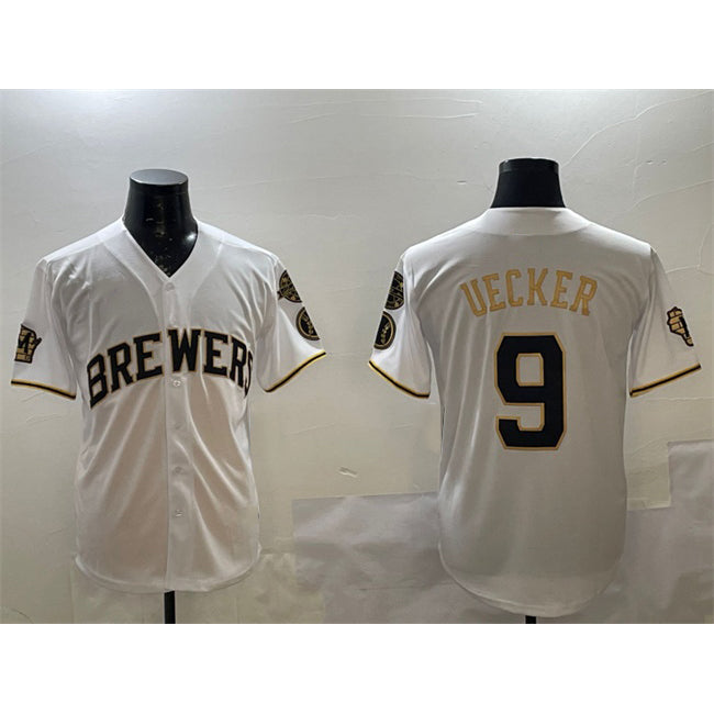 Milwaukee Brewers #9 Bob Uecker White Gold CONTON With Home Patch Limited Stitched Jersey
