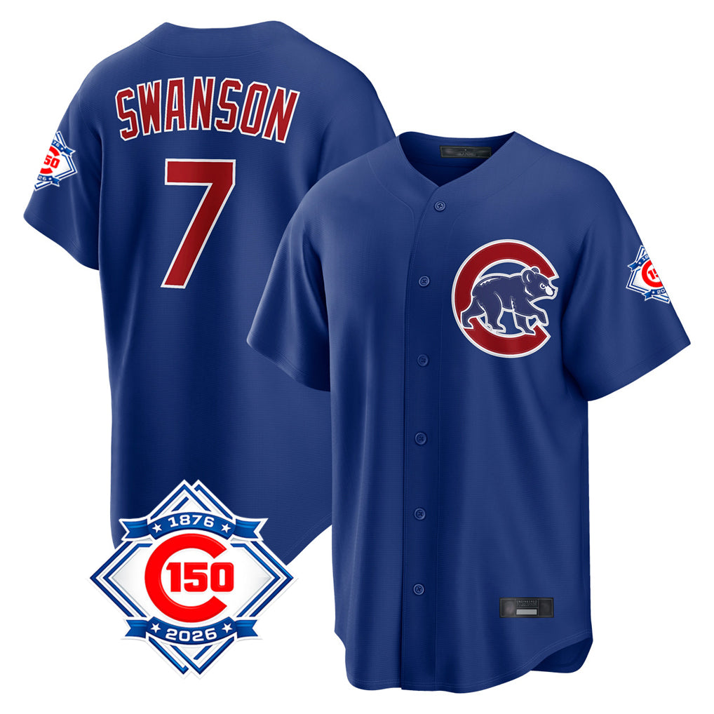 Chicago Cubs #7 Dansby Swanson Player Royal CONTON 150th Anniversary Home Game Stitched Jerseys