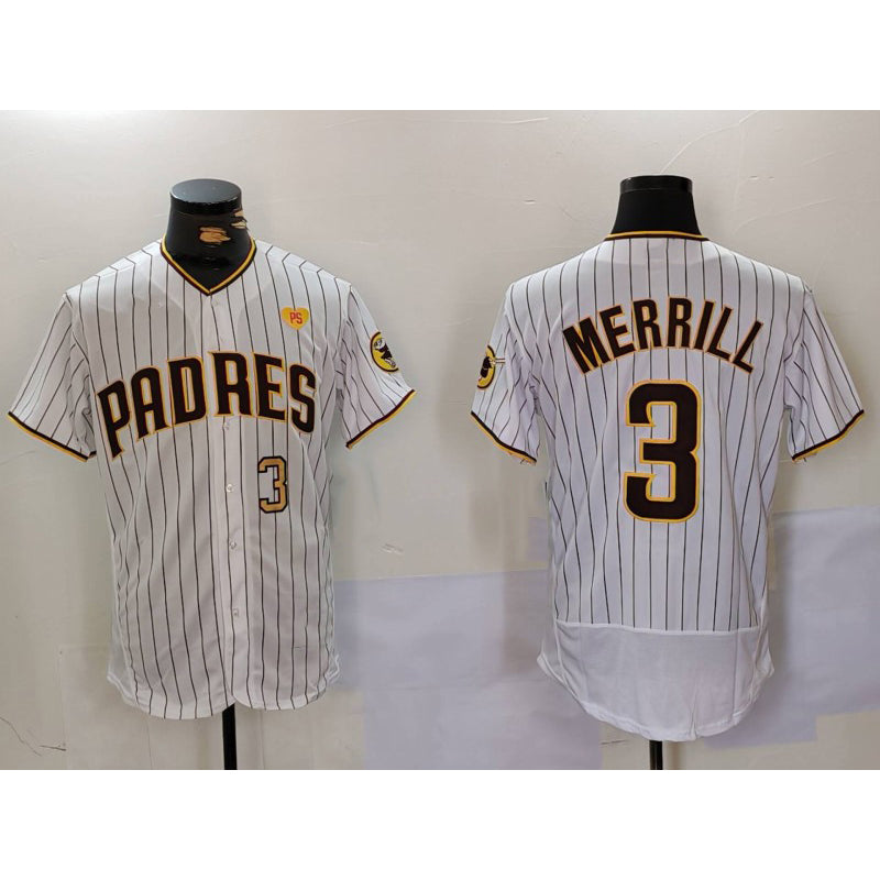 San Diego Padres #3 Jackson Merrill White CONTON With PS Patch Stitched Flex Base Jerseys