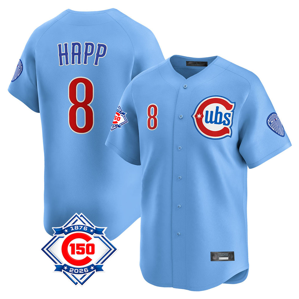 Chicago Cubs #8 Ian Happ Player Light Blue CONTON 150th Anniversary Limited Home Stitched Jerseys