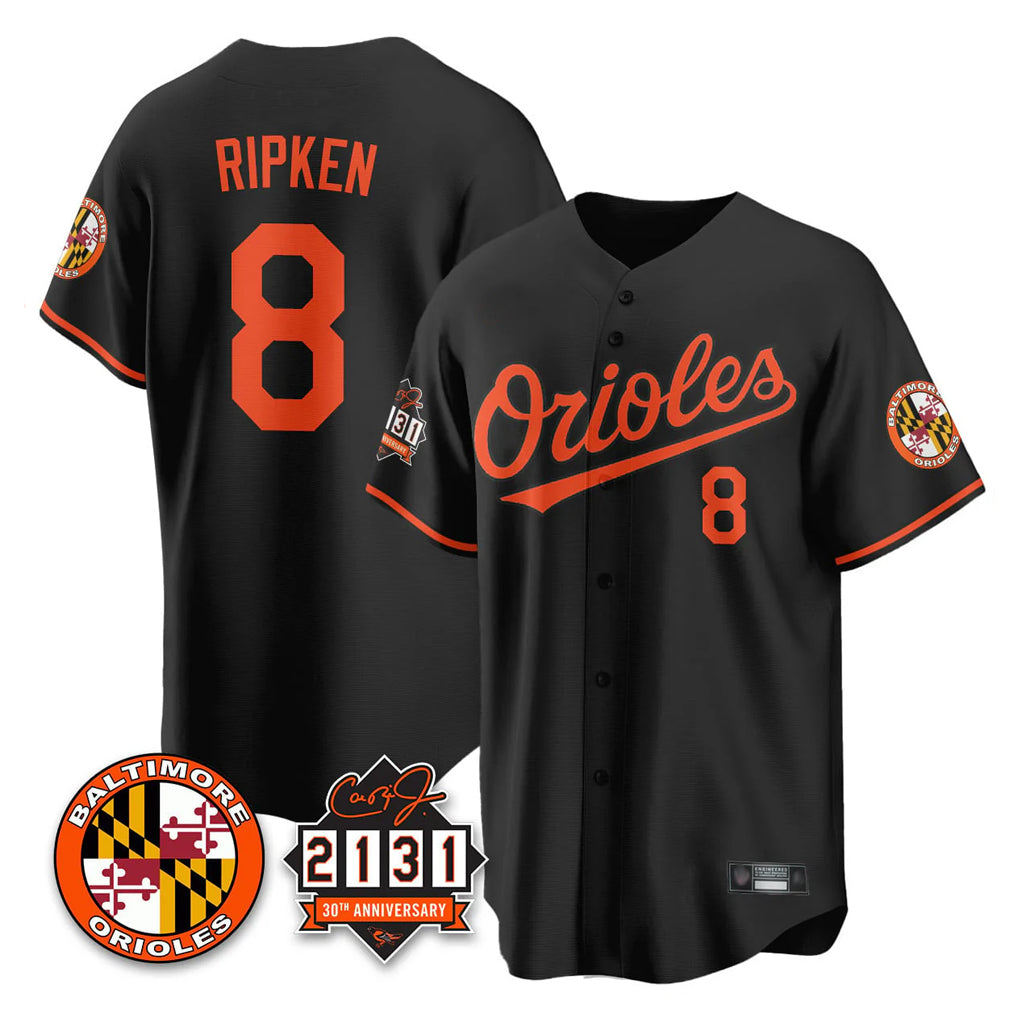 Baltimore Orioles #8 Cal Ripken Player Black CONTON 30th Anniversary of 2131 Home Game Stitched Jerseys