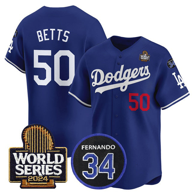 Los Angeles Dodgers #50 Mookie Betts Royal CONTON 2024 World Series With Fernando Memorial Patch Limited Stitched Jersey