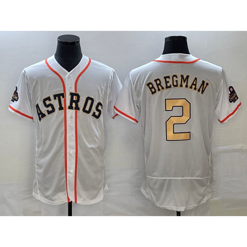 Houston Astros #2 Alex Bregman 2023 White Gold CONTON World Serise Champions Patch Flex Base Stitched Jersey