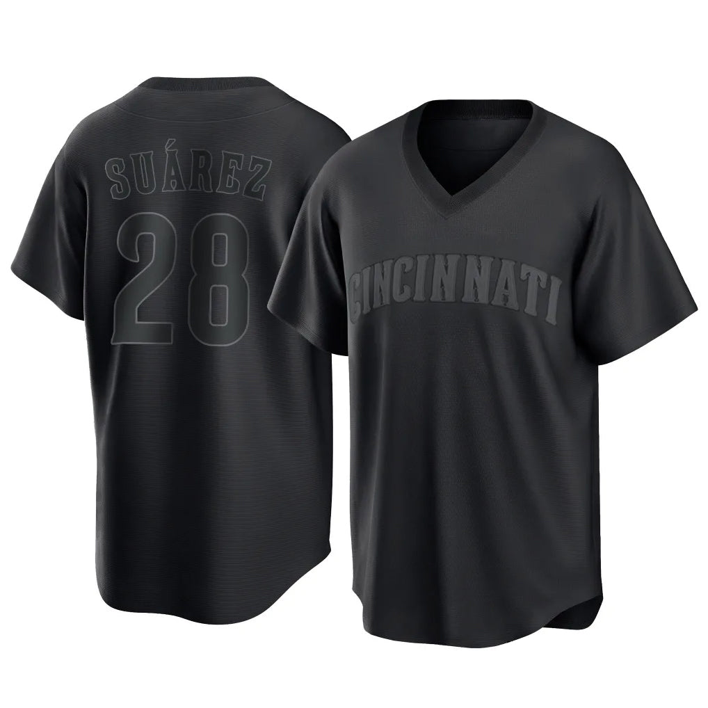Cincinnati Reds #28 Eugenio Su¨¢rez Player Black CONTON T-shirt Game Home Stitched Jerseys