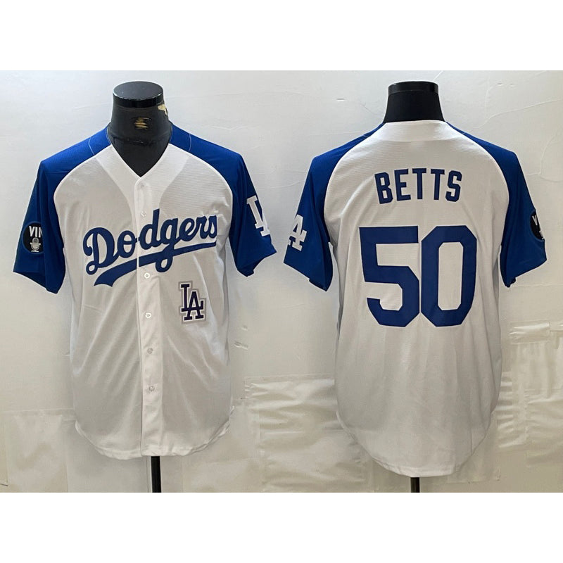 Los Angeles Dodgers #50 Mookie Betts White CONTON Blue Fashion Stitched Cool Base Limited Jersey 2