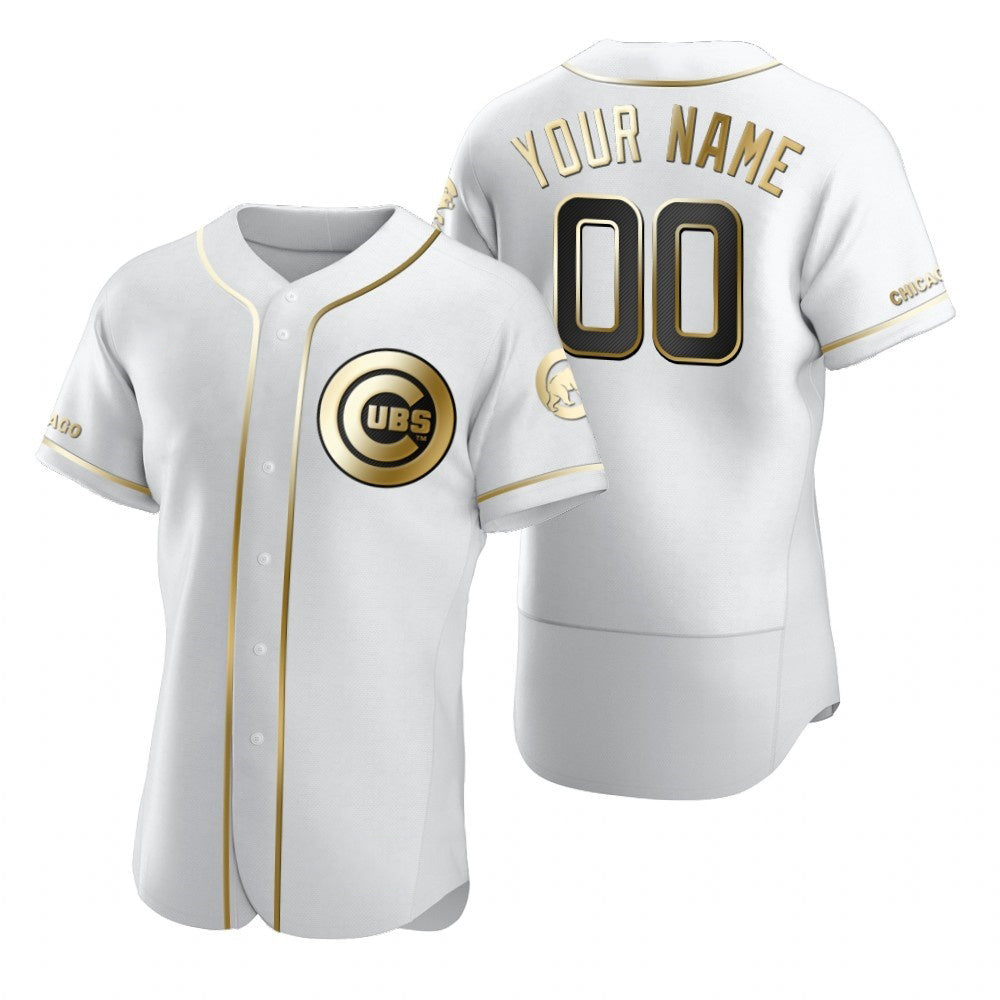Custom Chicago Cubs White CONTON Stitched Flex Base Golden Edition Jersey