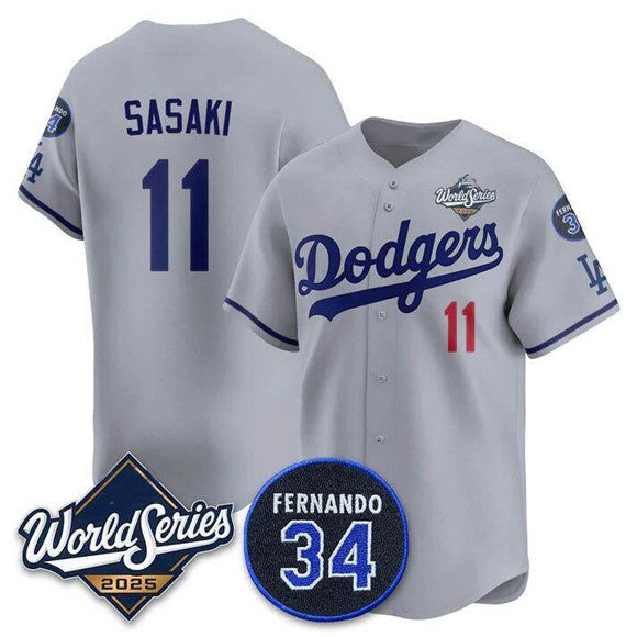 Los Angeles Dodgers #11 R¨­ki Sasaki Gray CONTON 2025 World Series With No. 34 Patch Limited Stitched Jersey