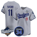 Los Angeles Dodgers #11 R¨­ki Sasaki Gray CONTON 2025 World Series With No. 34 Patch Limited Stitched Jersey