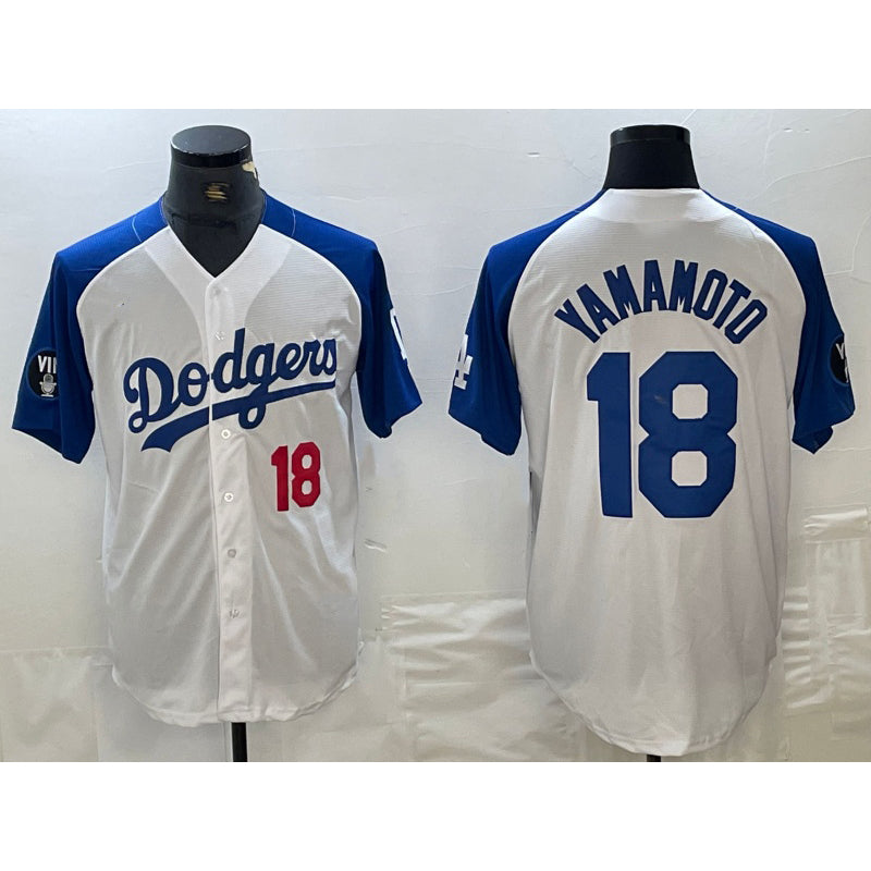 Los Angeles Dodgers #18 Yoshinobu Yamamoto Number White Blue CONTON Fashion Stitched Cool Base Limited Jersey
