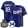 Los Angeles Dodgers #18 Yoshinobu Yamamoto Royal CONTON 2024 World Series With No. 34 Patch Cool Base Stitched Jersey