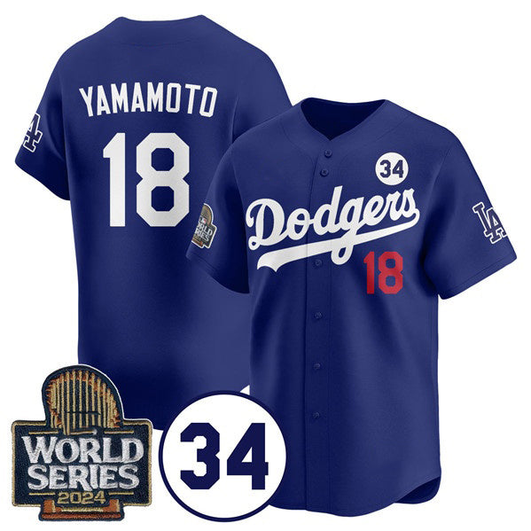 Los Angeles Dodgers #18 Yoshinobu Yamamoto Royal CONTON 2024 World Series With No. 34 Patch Cool Base Stitched Jersey