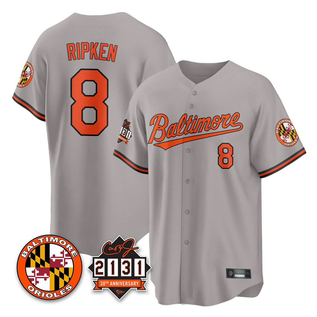 Baltimore Orioles #8 Cal Ripken Player Gray CONTON 30th Anniversary of 2131 Home Game Stitched Jerseys