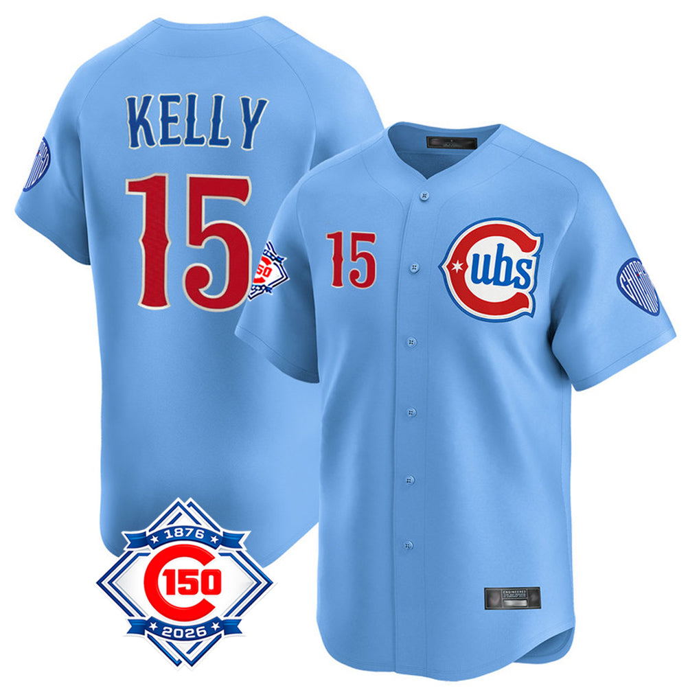 Chicago Cubs #15 Carson Kelly Player Light Blue CONTON 150th Anniversary Limited Home Stitched Jerseys