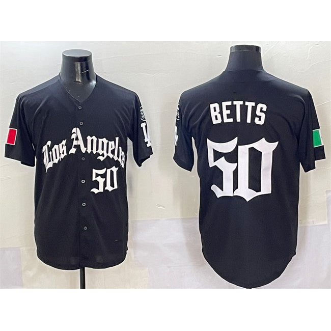 Los Angeles Dodgers #50 Mookie Betts Black CONTON Mexico 2025 LA Gothic Style With Fernando Patch Vapor Premier Limited Stitched Jersey