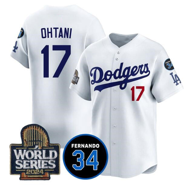 Los Angeles Dodgers #17 Shohei Ohtani White CONTON 2024 World Series With Fernando Memorial Patch Limited Stitched Jersey