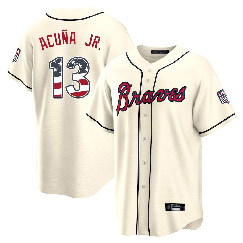 Atlanta Braves #13 Ronald Acuna Jr Player Cream CONTON USA 250 Fourth Of July Limited Home Game Stitched Jerseys