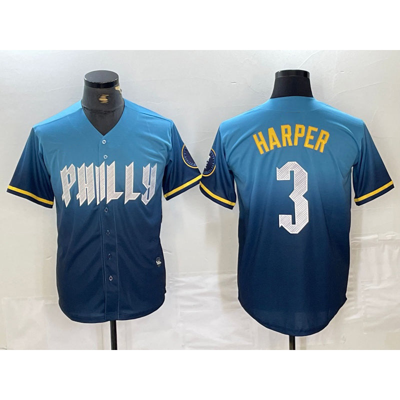 Philadelphia Phillies #3 Bryce Harper Blue CONTON 2024 City Connect Limited Stitched Jersey