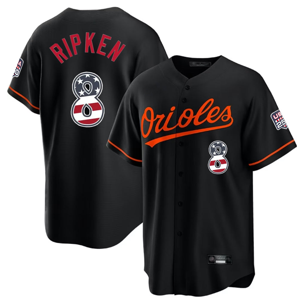 Baltimore Orioles #8 Cal Ripken Player Black CONTON USA 250 Fourth of July Home Game Stitched Jerseys