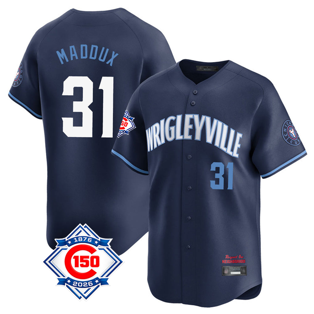Chicago Cubs #31 Greg Maddux Player Navy CONTON City Connect 150th Anniversary Limited Home Stitched Jerseys