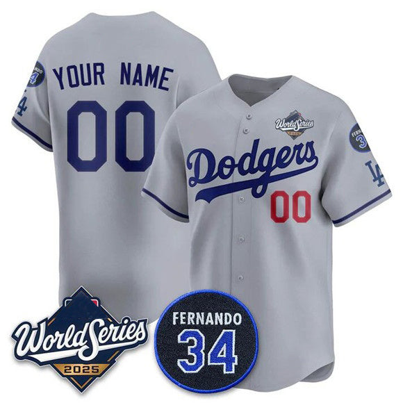 Custom Los Angeles Dodgers ACTIVE PLAYER Gray CONTON 2025 World Series With No. 34 Patch Limited Stitched Jersey