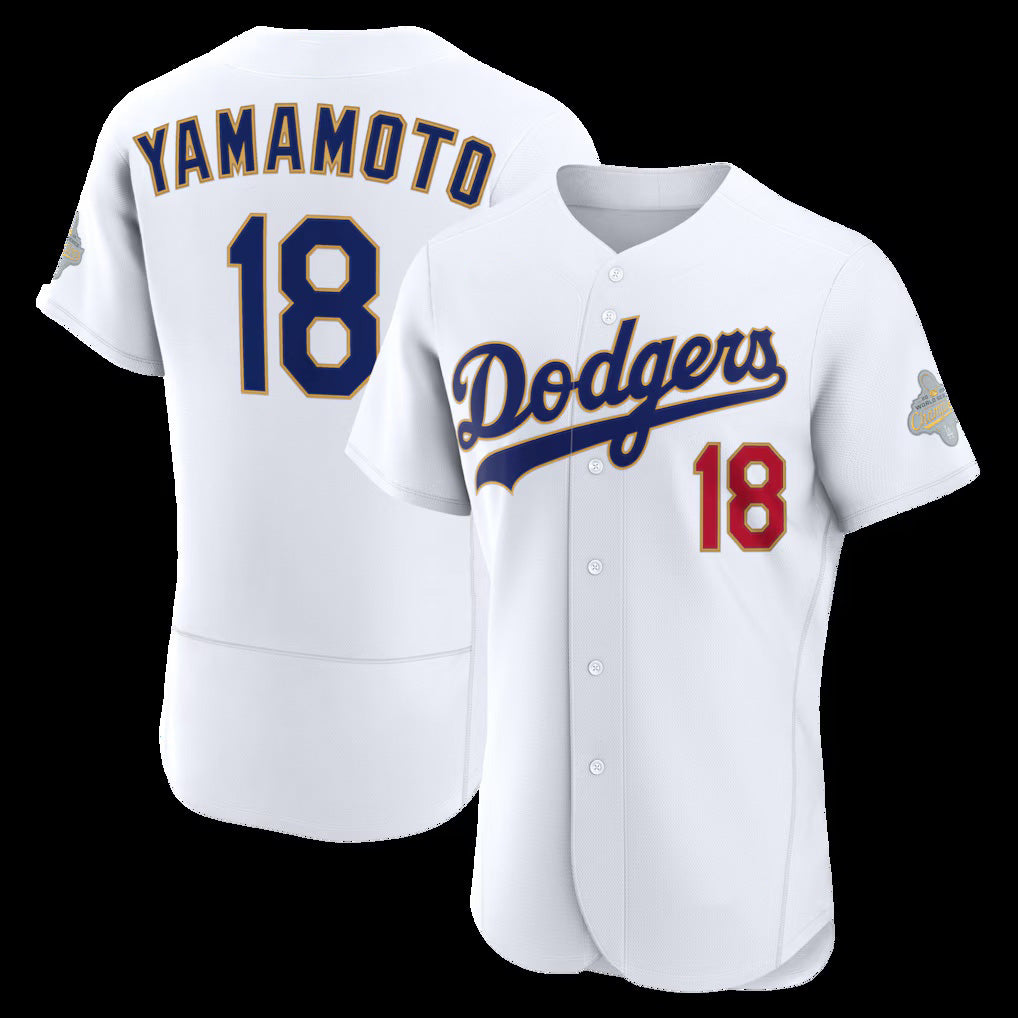 Los Angeles Dodgers #18 Yoshinobu Yamamoto White CONTON 2026 Gold Collection Authentic Jersey