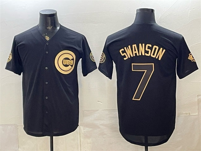 Chicago Cubs #7 Dansby Swanson Black Gold CONTON 150th Anniversary Patch Stitched Jersey