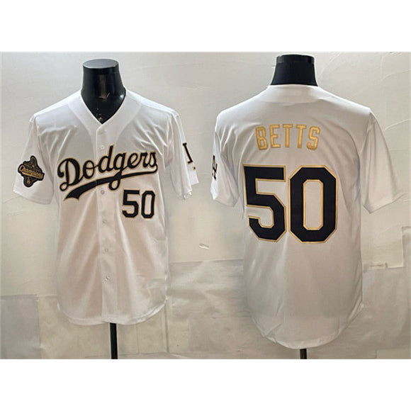 Los Angeles Dodgers #50 Mookie Betts White Gold CONTON 2025 World Series Champions Patch Limited Stitched Jersey