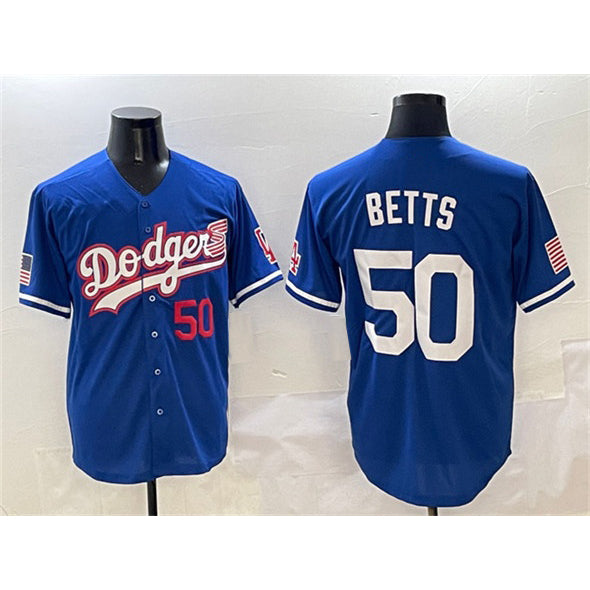 Los Angeles Dodgers #50 Mookie Betts Royal CONTON With American Flag Patch Limited Stitched Jersey