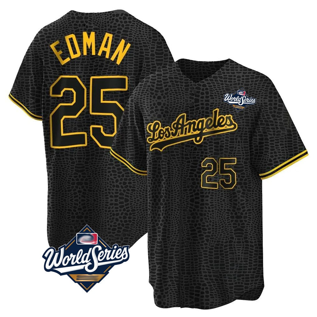 Los Angeles Dodgers #25 Tommy Edman Player Black CONTON World Series Snake Skin City Game Home Stitched Jerseys
