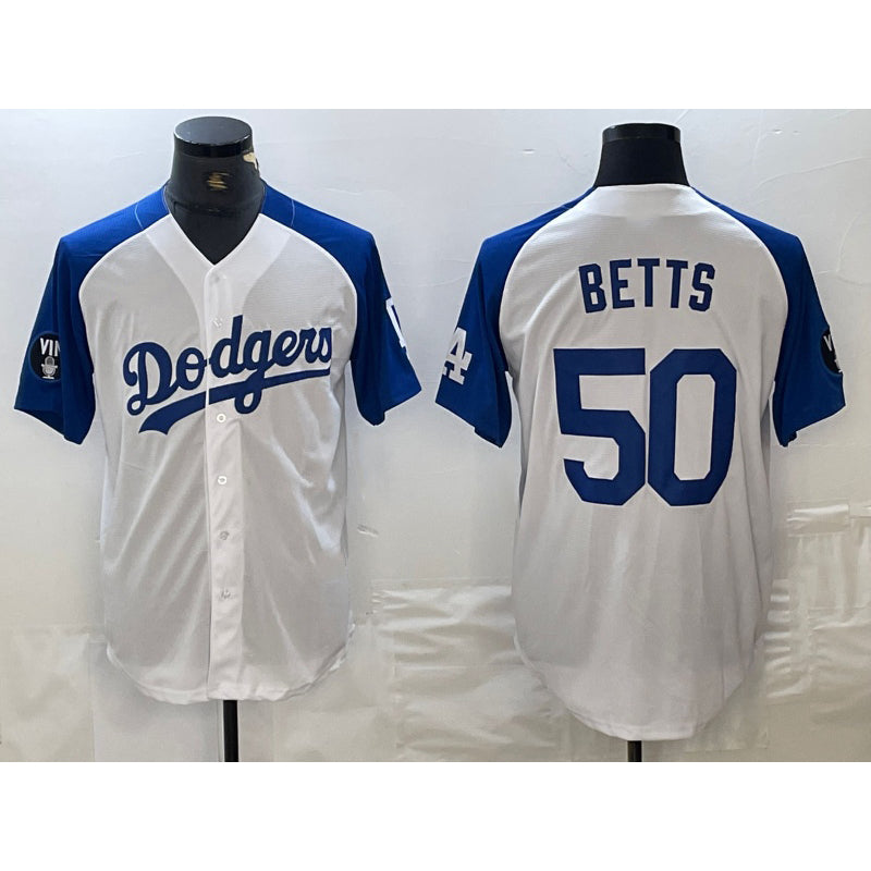 Los Angeles Dodgers #50 Mookie Betts White Blue CONTON Fashion Stitched Cool Base Limited Jerseys
