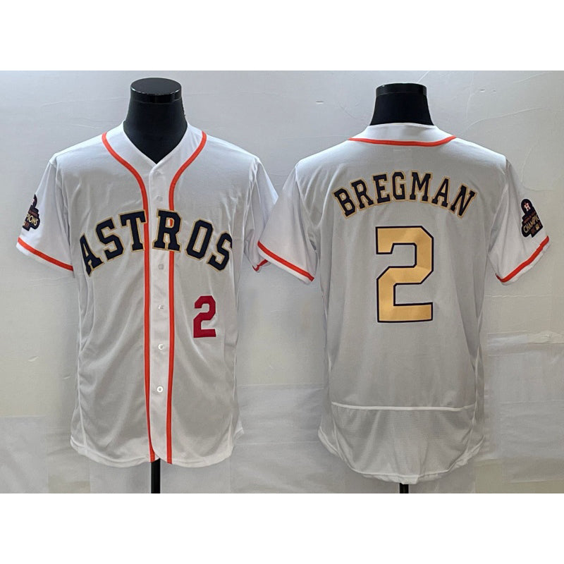 Houston Astros #2 Alex Bregman Number 2023 White Gold CONTON World Serise Champions Patch Flex Base Stitched Jersey 2