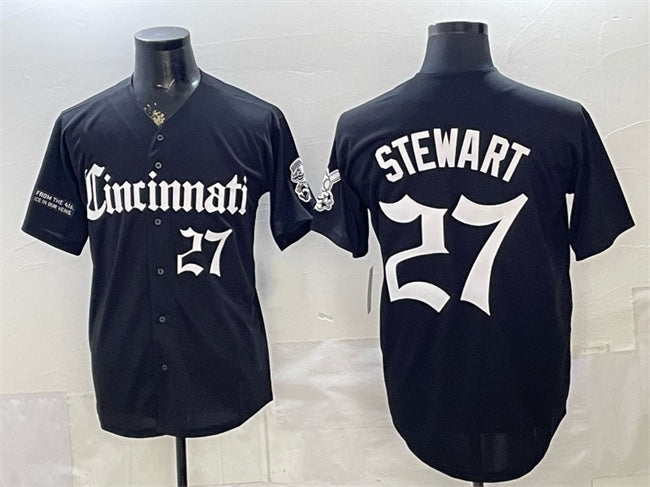 Cincinnati Reds #27 Sal Stewart Black CONTON 'Gothic Queen City Edition' Vapor Premier Limited Stitched Jersey