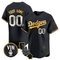 Custom Los Angeles Dodgers Vin & California Patch Gold Trim Vapor Premier Limited Jersey ¨C All Stitched-Black CONTON