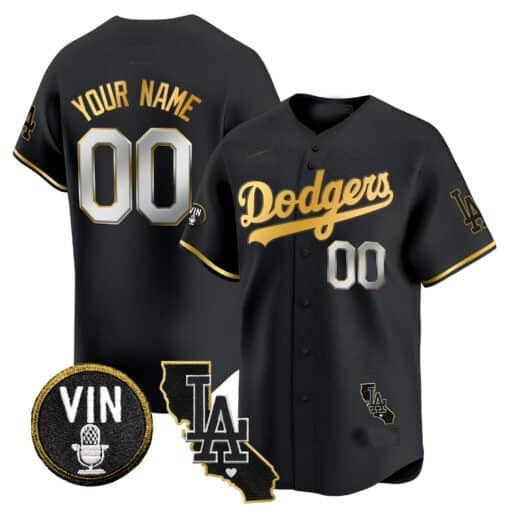 Custom Los Angeles Dodgers Vin & California Patch Gold Trim Vapor Premier Limited Jersey ¨C All Stitched-Black CONTON