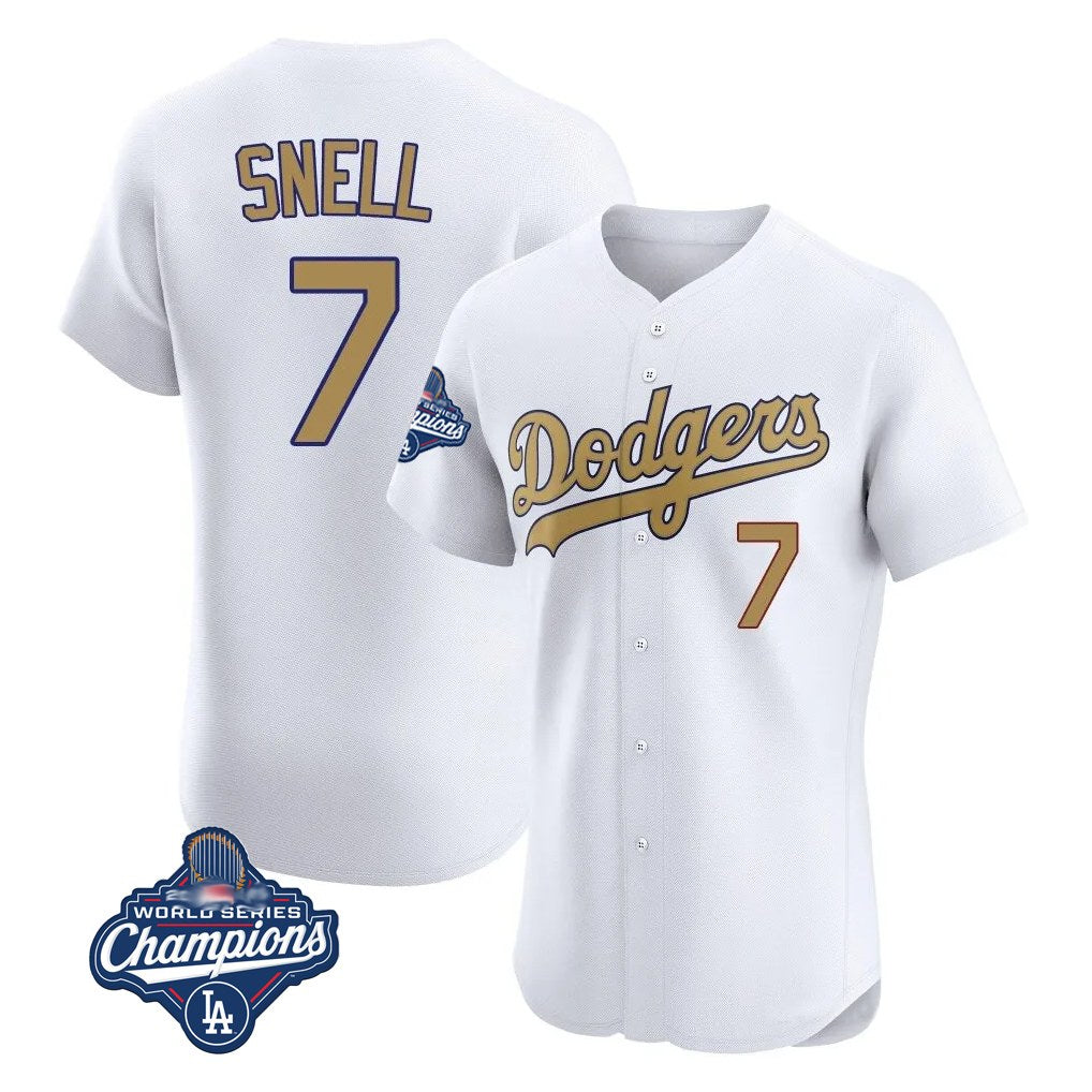 Los Angeles Dodgers #7 Blake Snell Player White Gold CONTON World Series Meet Limited Elite Home Stitched Jerseys