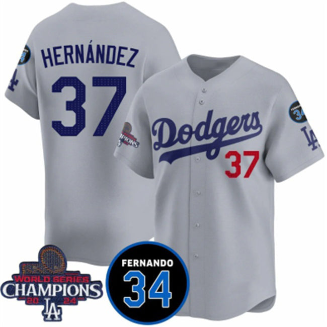 Los Angeles Dodgers #37 Teoscar Hernandez Gray CONTON 2024 World Series Champions With Fernando Memorial Patch Vapor Premier Limited Stitched Jersey