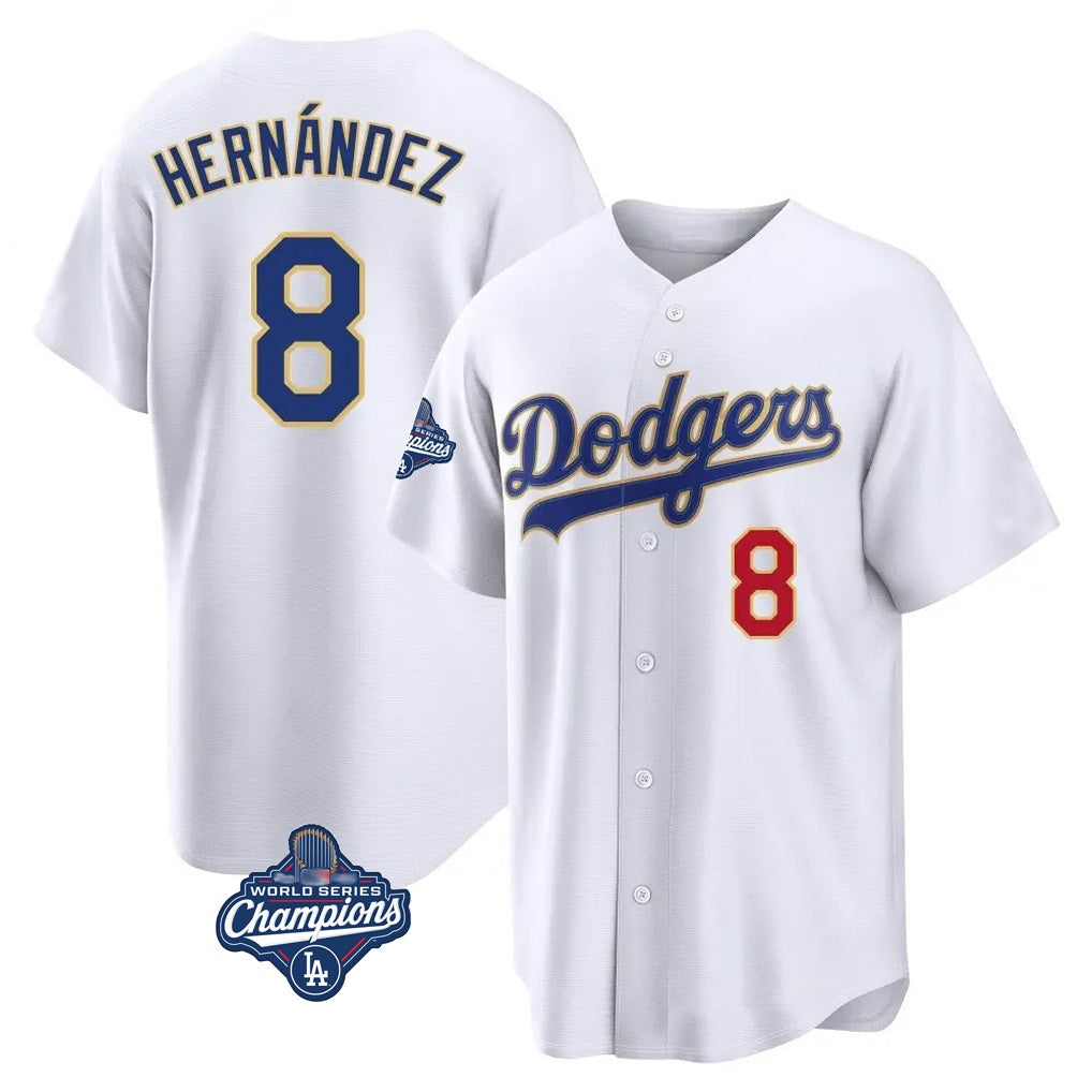 Los Angeles Dodgers #8 Enrique Hern¨¢ndez Player Gold White CONTON World Series Meet 2026 Collection Stadium Limited Stitched Jerseys
