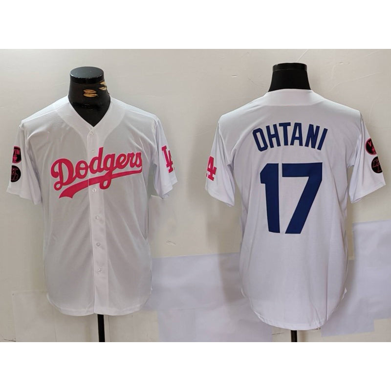 Los Angeles Dodgers #17 Shohei Ohtani White Pink CONTON Vin & Kobe Patch Stitched Jersey 2