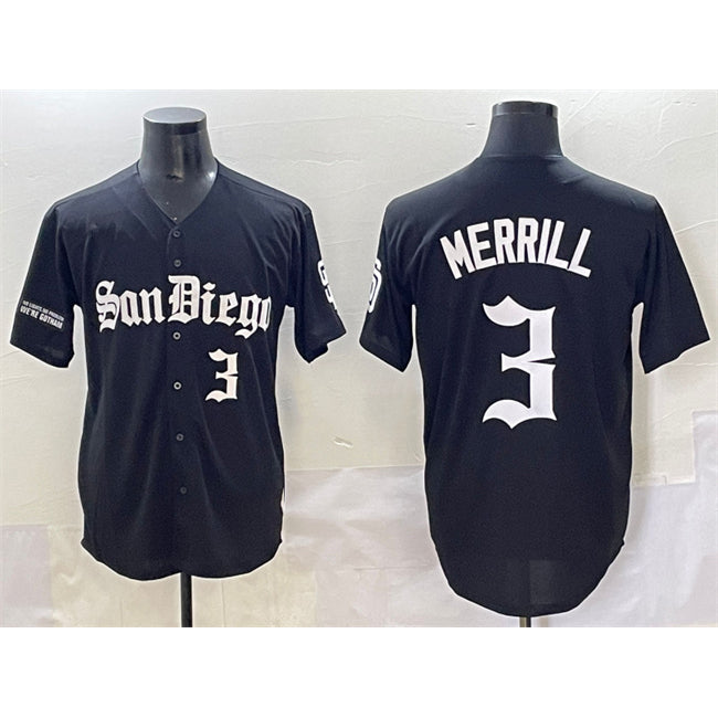 San Diego Padres #3 Jackson Merrill Black CONTON Gothic Edition Vapor Limited Stitched Jersey