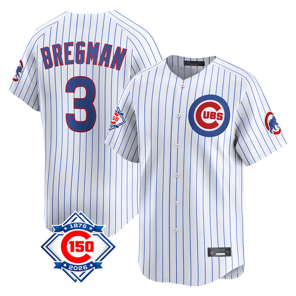 Chicago Cubs #3 Alex Bregman Player White CONTON 150th Anniversary Limited Home Game Stitched Jerseys