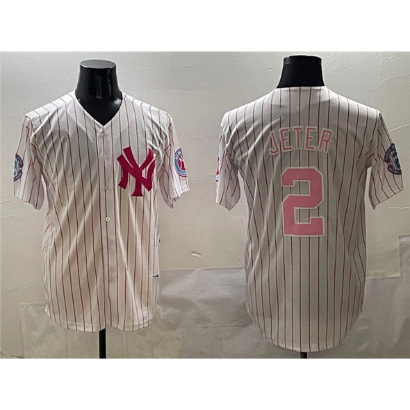 New York Yankees #2 Derek Jeter Pink CONTON With Patch Limited Stitched Jersey