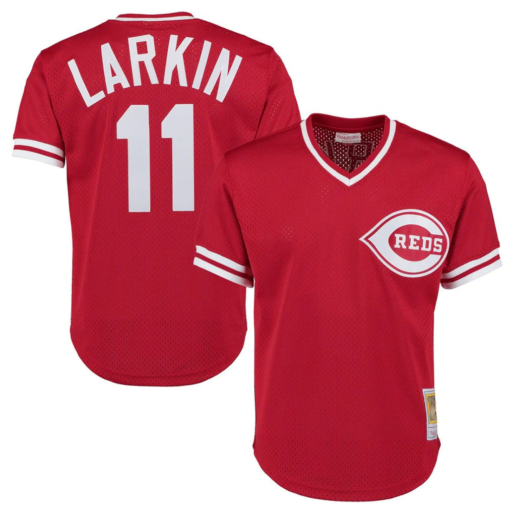 Cincinnati Reds #11 Barry Larkin Player Red CONTON Mitchell & Ness Throwback Cooperstown Mesh T-shirt Game Stitched Jerseys