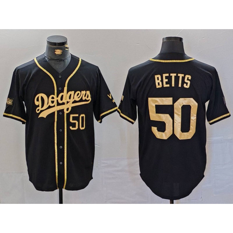 Los Angeles Dodgers #50 Mookie Betts Number Black Gold CONTON World Series Champions Cool Base Stitched Jersey