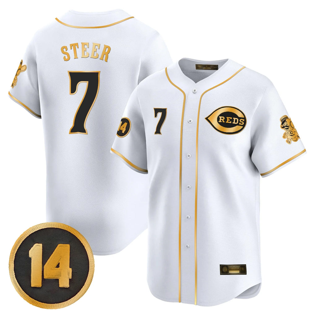 Cincinnati Reds #7 Spencer Steer Player White-Gold CONTON Vapor Premier Limited Home Stitched Jerseys