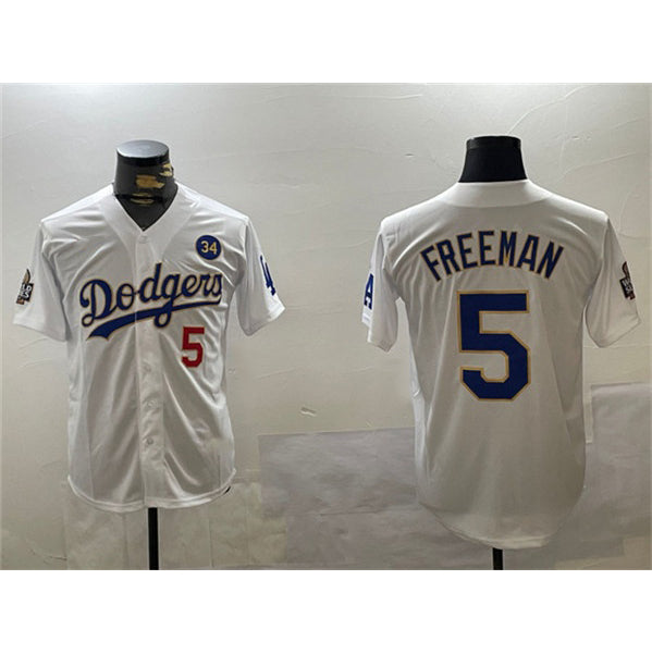 Los Angeles Dodgers #5 Freddie Freeman White Gold CONTON 2024 World Series With No. 34 Patch Home Limited Stitched Jersey