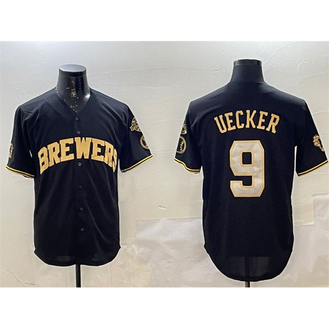 Milwaukee Brewers #9 Bob Uecker Black Gold CONTON With Home Patch Limited Stitched Jersey